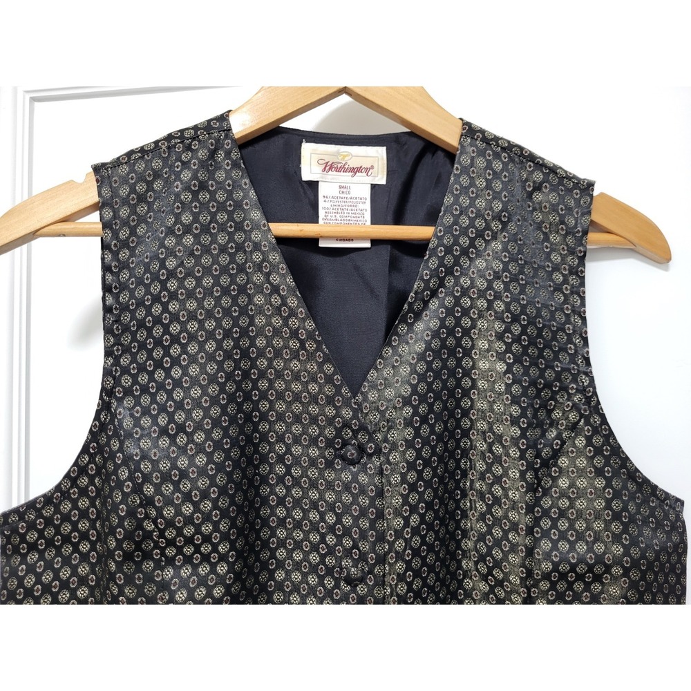 Vintage Black Gold Satin Button Up Suit Vest Masculine Sz S - Picture 2 of 6
